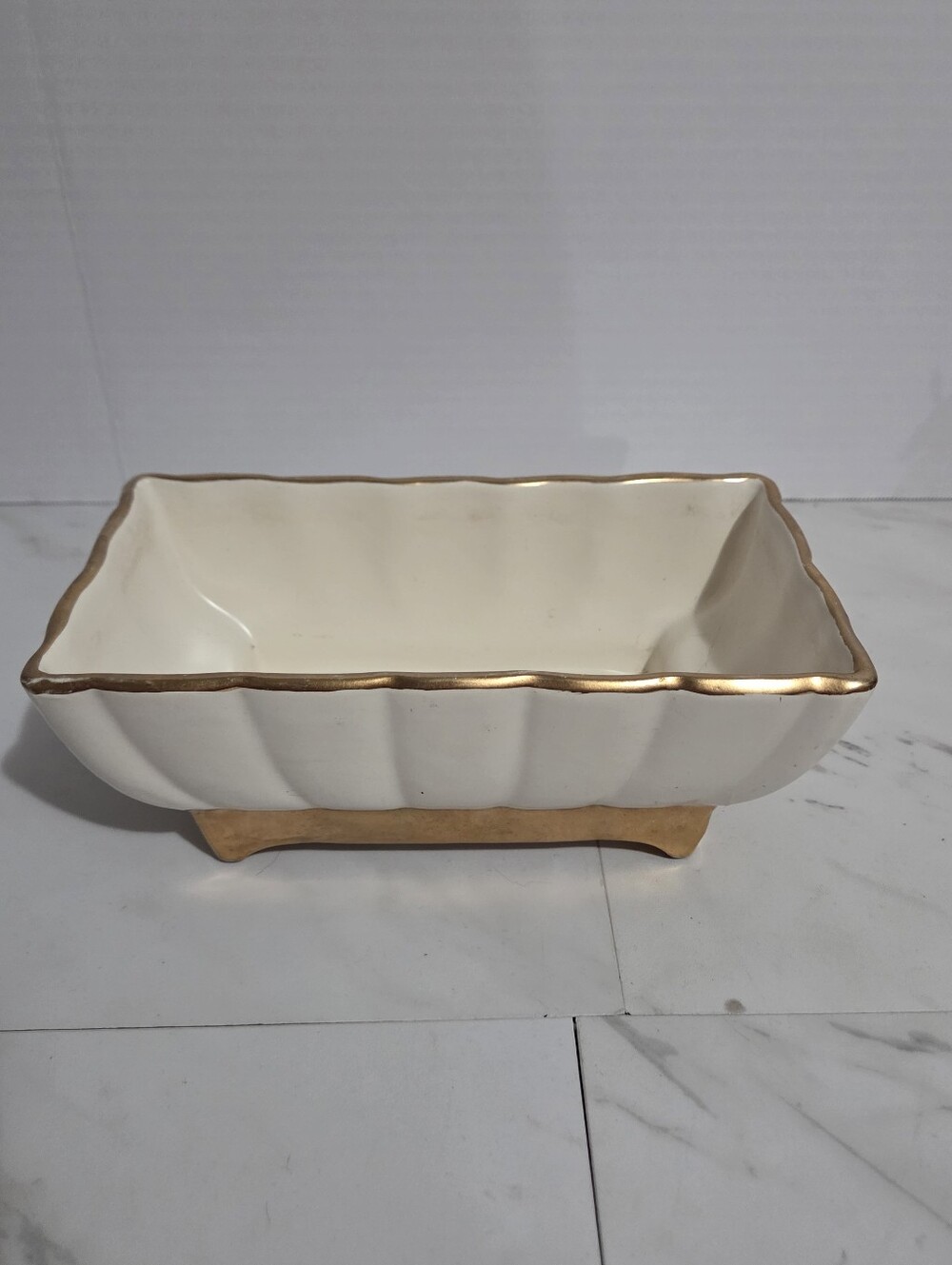 Vintage Shafer Pottery 23K Gold Trim Pedestal Vanity Tray - 10"x6"
